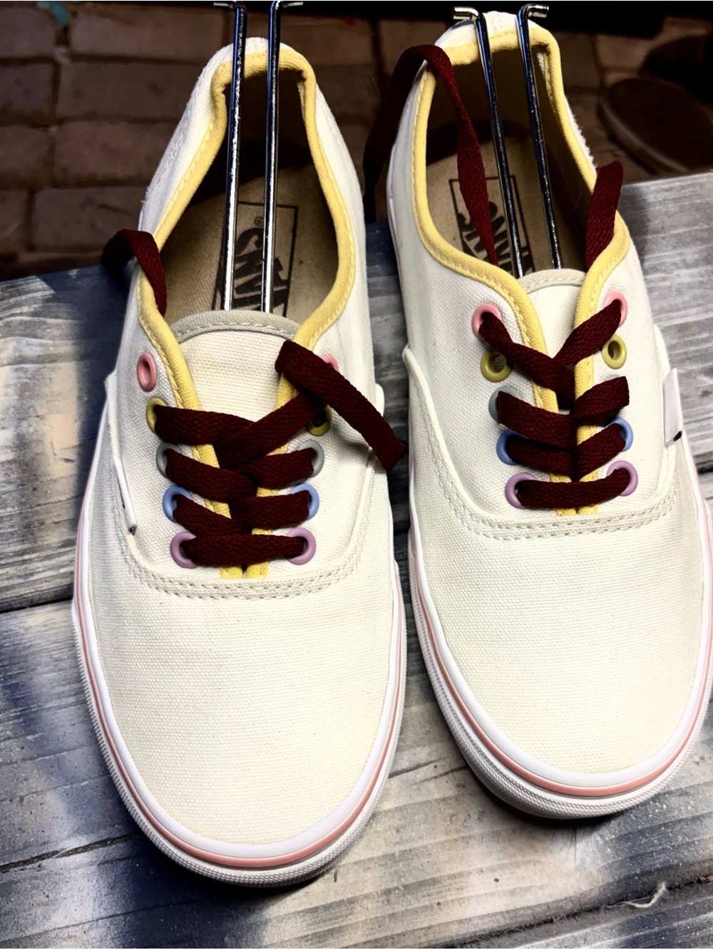 Vans Era 59 white sneakers burgundy laces and yellow accents, size womens 8.0